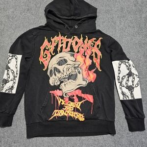 GFTD LA Los Angeles Chained Up Skull Flames Machine Gun Hoodie Sweatshirt M Mens